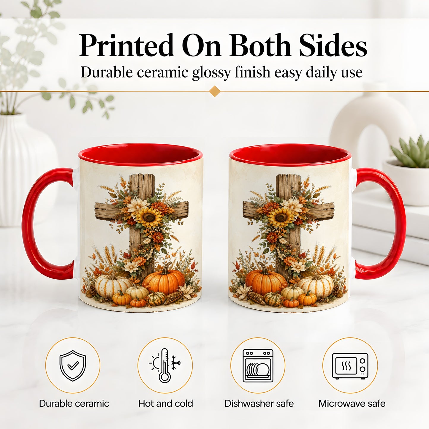 #pl[11oz|Red] Autumn Cross Accent Mug, Mug with Sunflowers and Pumpkins Art