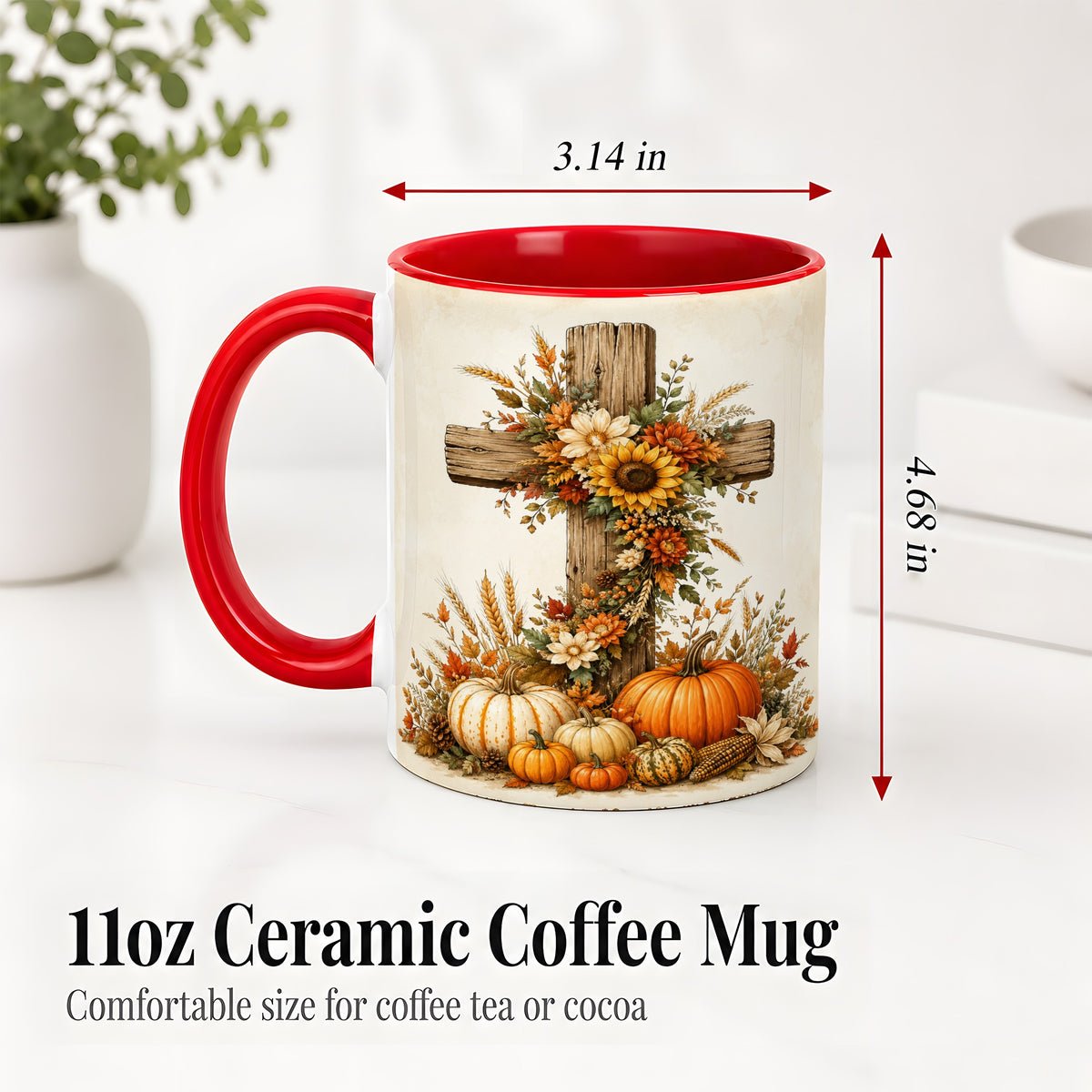 #pl[11oz|Red] Autumn Cross Accent Mug, Mug with Sunflowers and Pumpkins Art