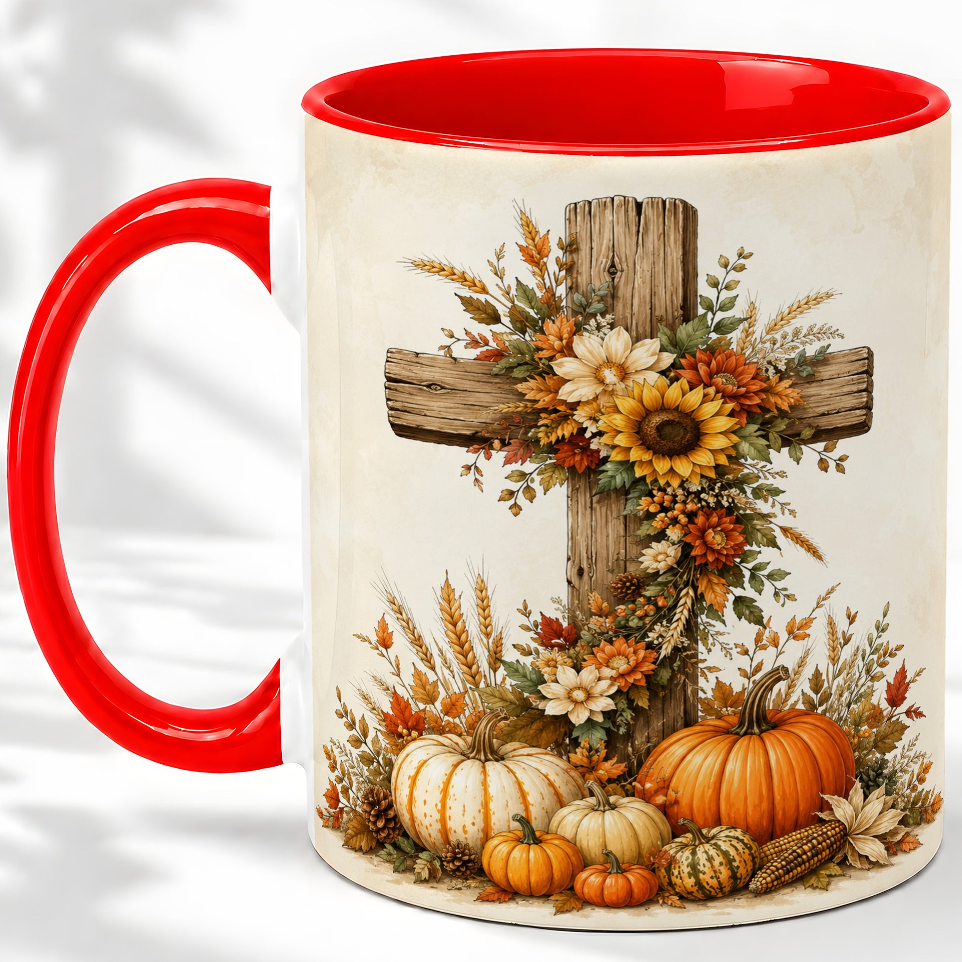 Autumn Cross Accent Mug, Mug with Sunflowers and Pumpkins Art