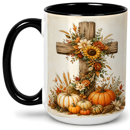 #pl[15oz|Black] Autumn Cross Accent Mug, Mug with Sunflowers and Pumpkins Art