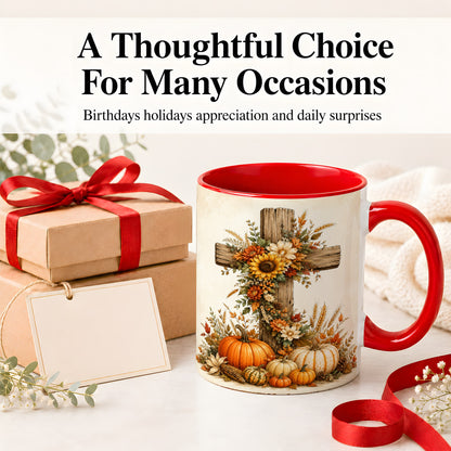 #pl[11oz|Red] Autumn Cross Accent Mug, Mug with Sunflowers and Pumpkins Art