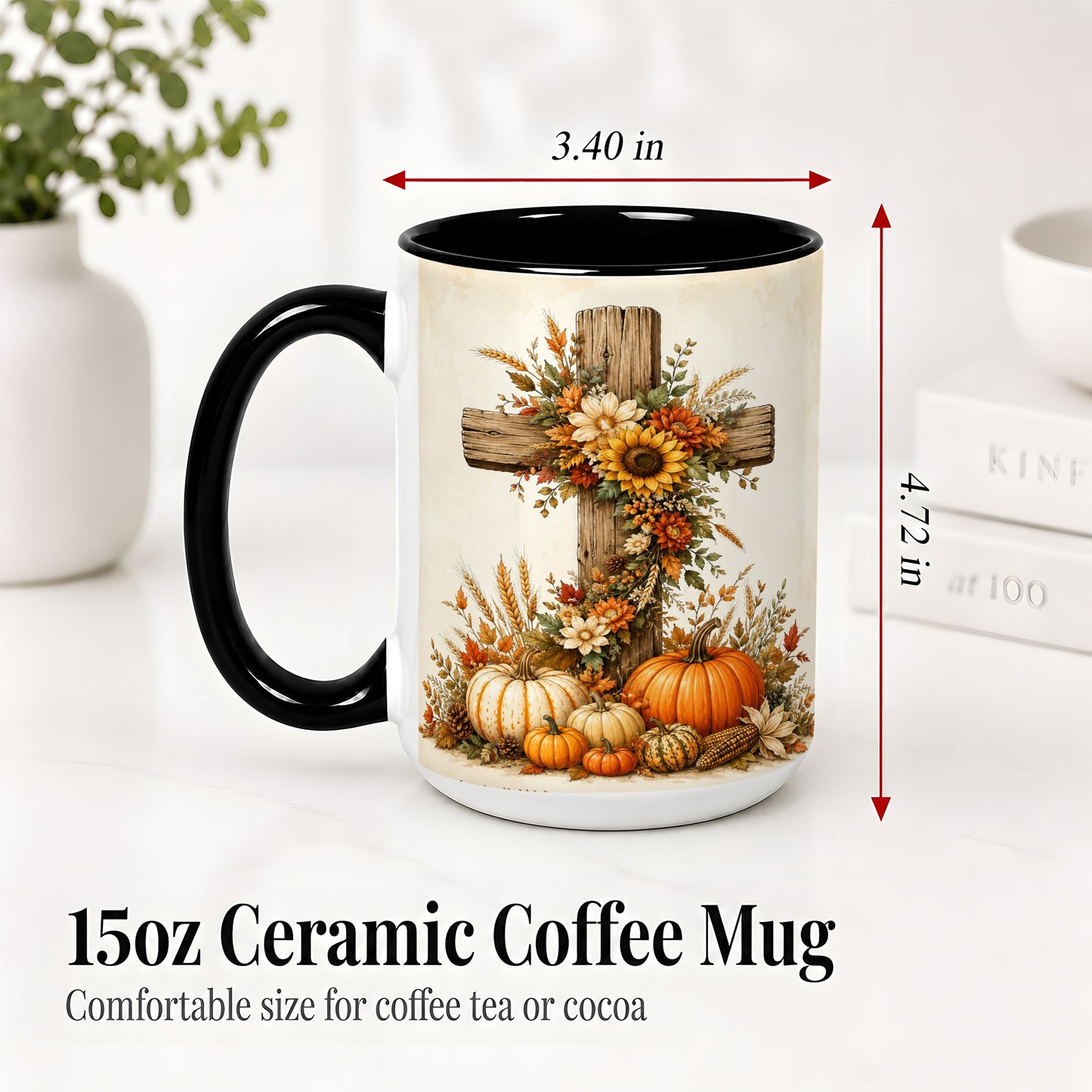 #pl[15oz|Black] Autumn Cross Accent Mug, Mug with Sunflowers and Pumpkins Art