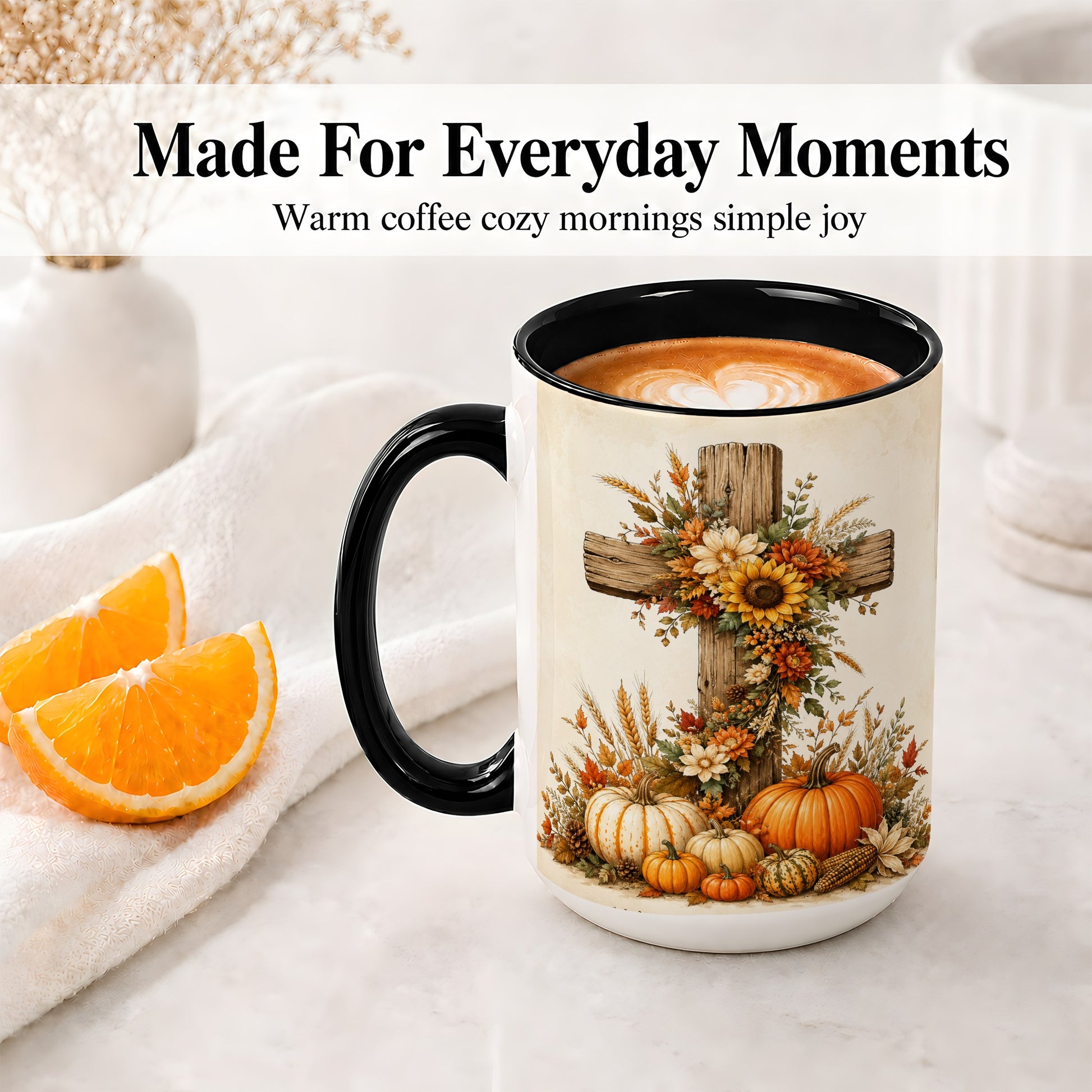 #pl[15oz|Black] Autumn Cross Accent Mug, Mug with Sunflowers and Pumpkins Art