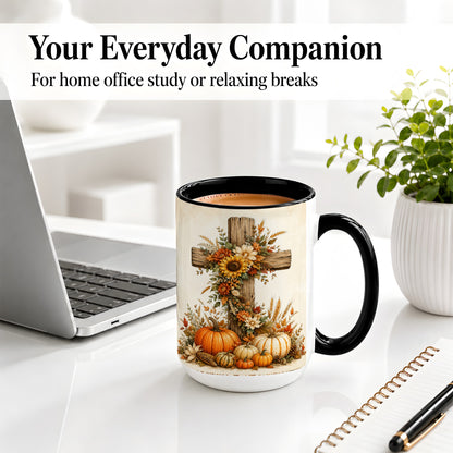 #pl[15oz|Black] Autumn Cross Accent Mug, Mug with Sunflowers and Pumpkins Art