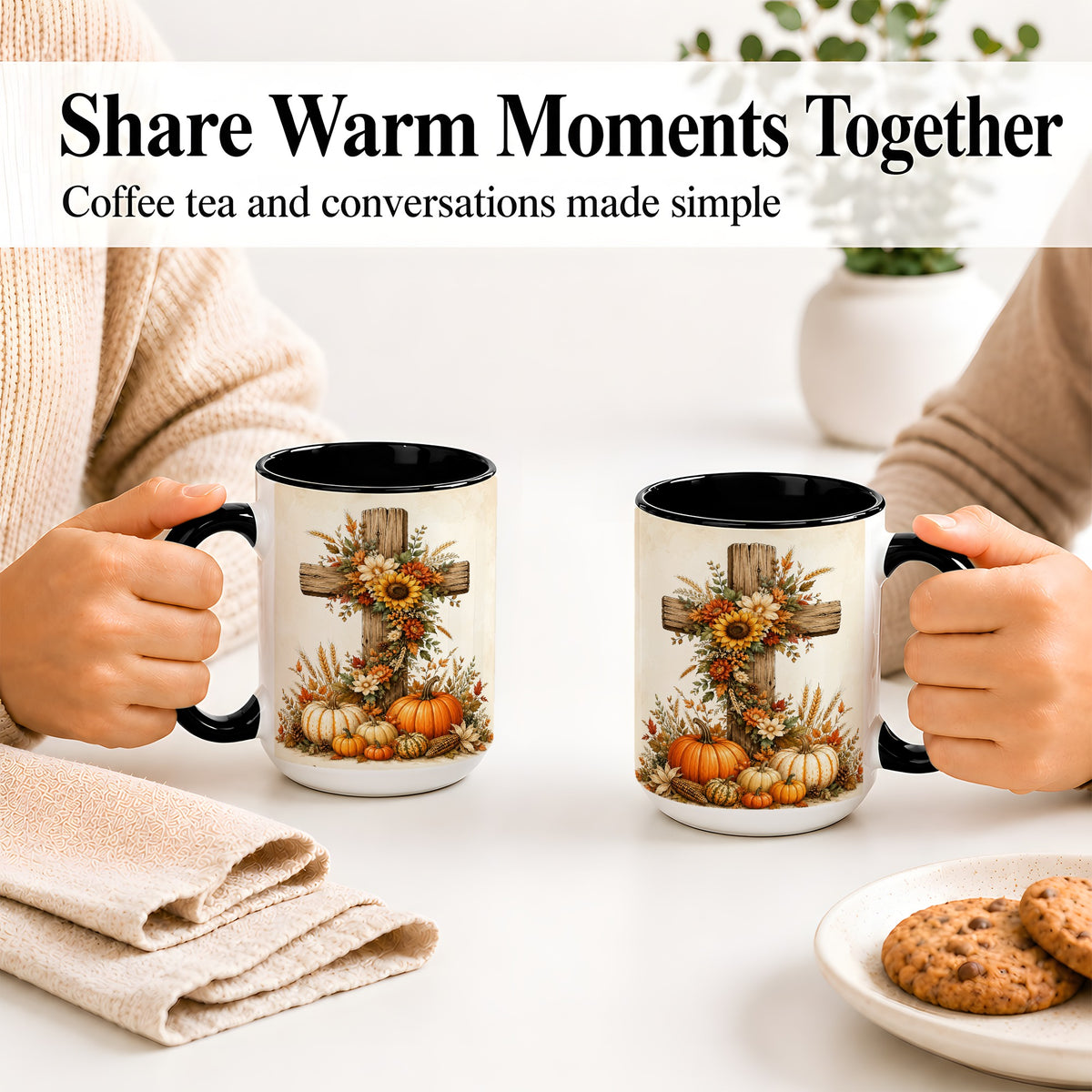 #pl[15oz|Black] Autumn Cross Accent Mug, Mug with Sunflowers and Pumpkins Art