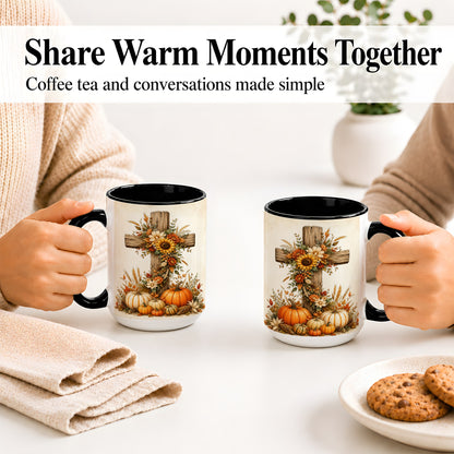 #pl[15oz|Black] Autumn Cross Accent Mug, Mug with Sunflowers and Pumpkins Art
