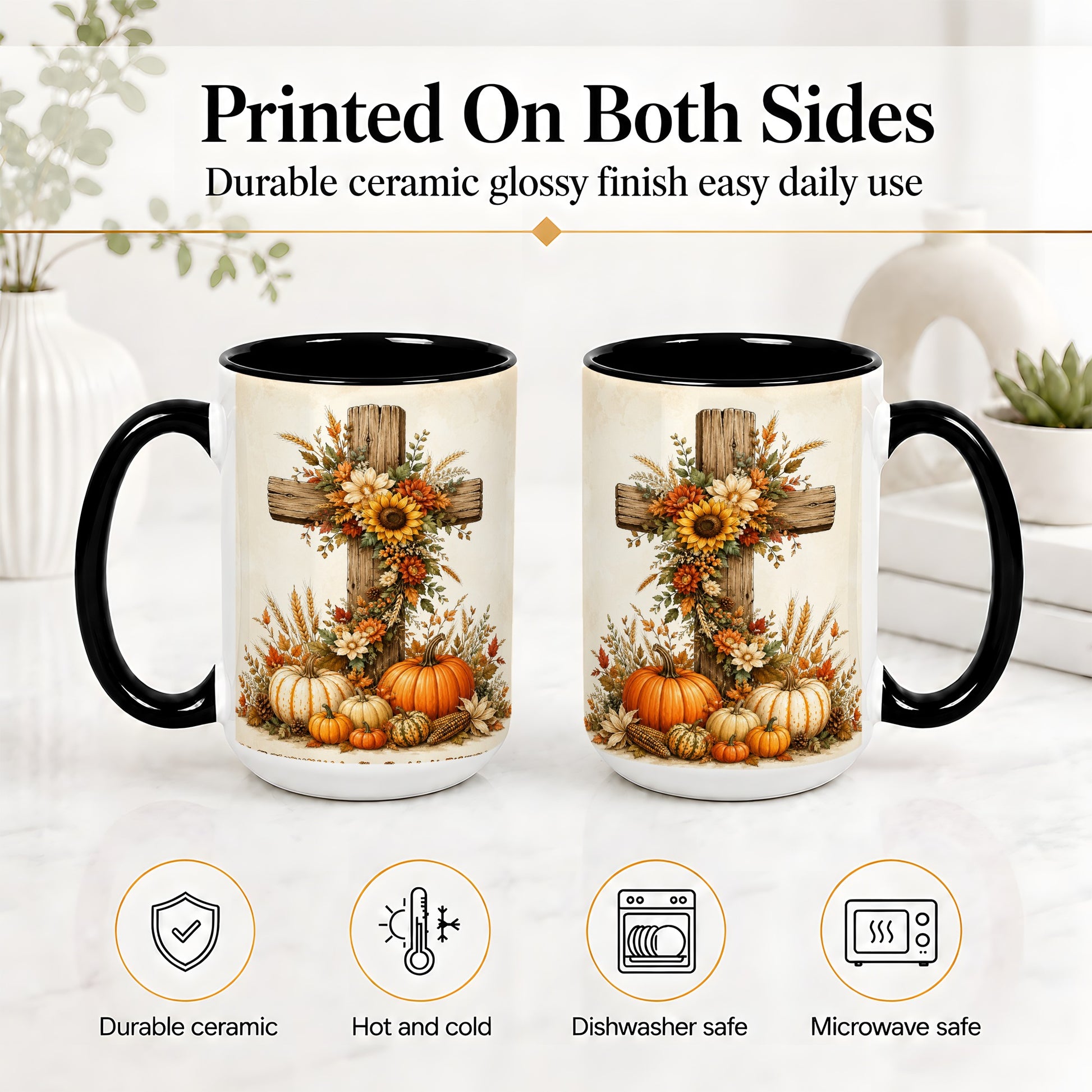 #pl[15oz|Black] Autumn Cross Accent Mug, Mug with Sunflowers and Pumpkins Art