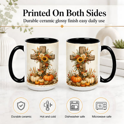 #pl[15oz|Black] Autumn Cross Accent Mug, Mug with Sunflowers and Pumpkins Art