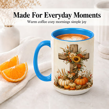#pl[15oz|Blue] Autumn Cross Accent Mug, Mug with Sunflowers and Pumpkins Art