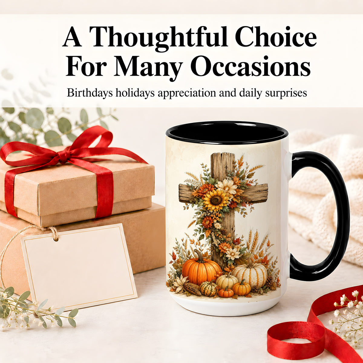 #pl[15oz|Black] Autumn Cross Accent Mug, Mug with Sunflowers and Pumpkins Art