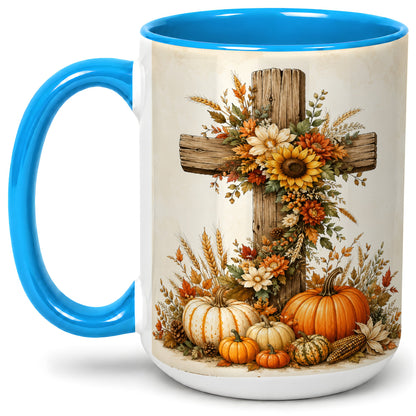 #pl[15oz|Blue] Autumn Cross Accent Mug, Mug with Sunflowers and Pumpkins Art