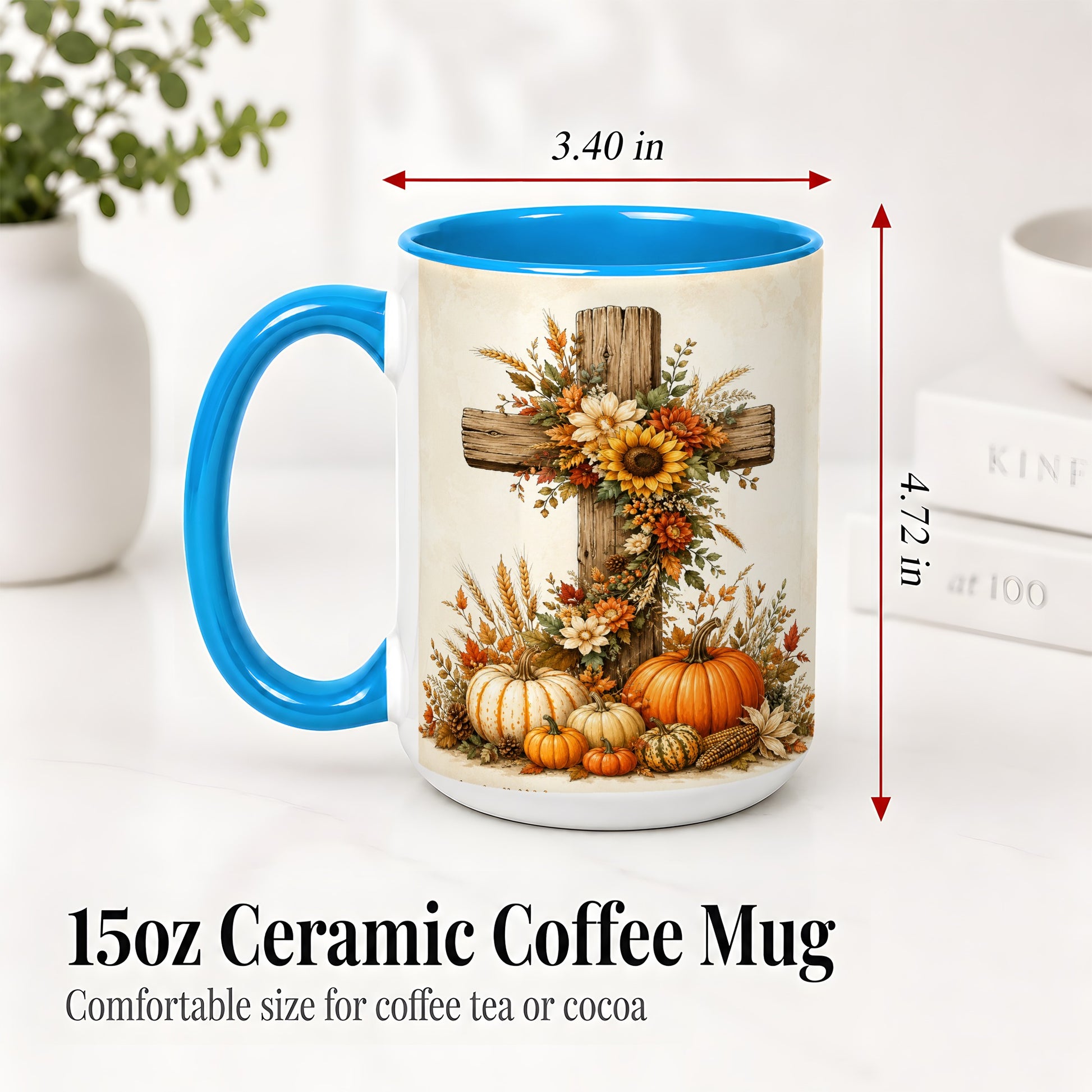 #pl[15oz|Blue] Autumn Cross Accent Mug, Mug with Sunflowers and Pumpkins Art