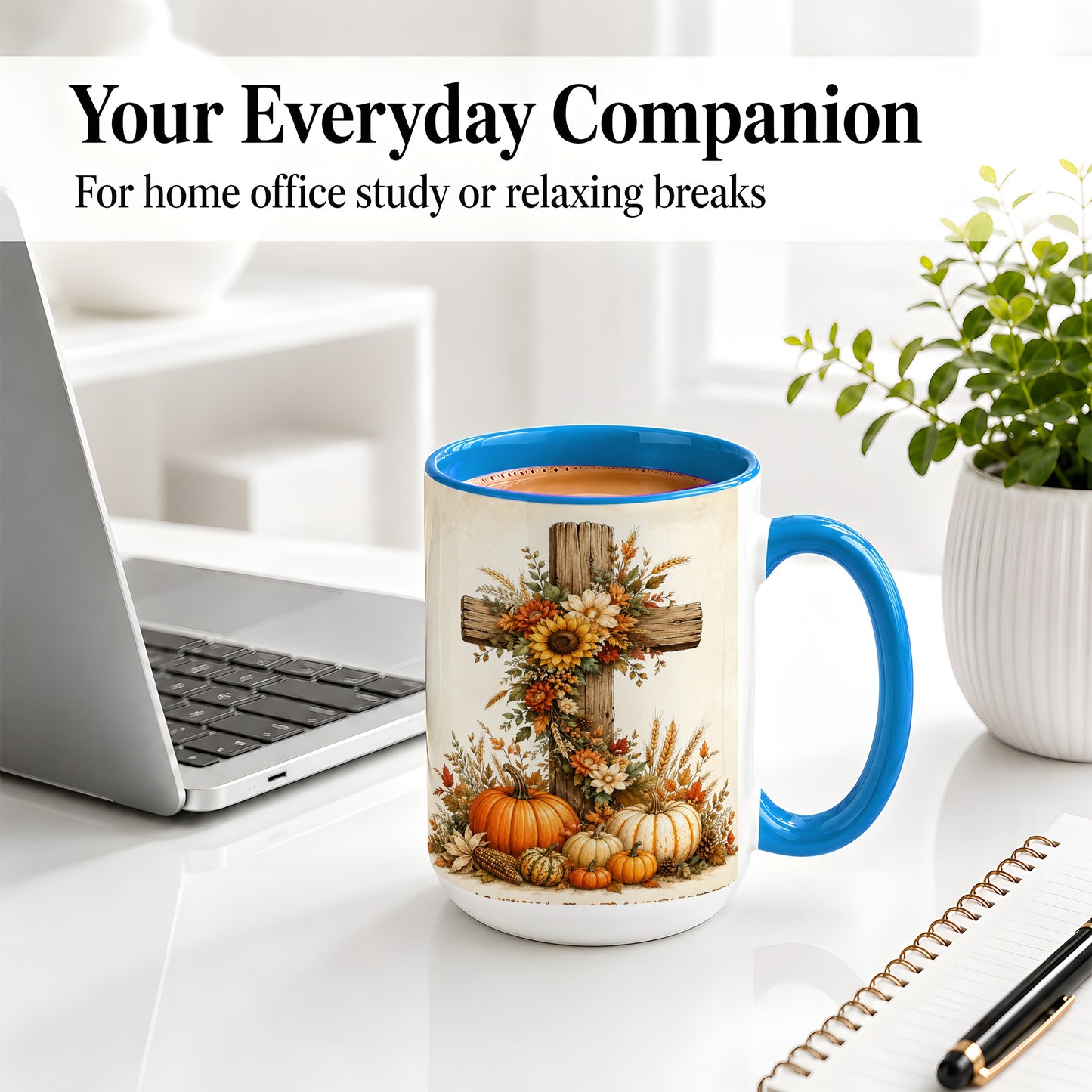 #pl[15oz|Blue] Autumn Cross Accent Mug, Mug with Sunflowers and Pumpkins Art