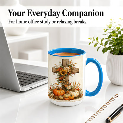 #pl[15oz|Blue] Autumn Cross Accent Mug, Mug with Sunflowers and Pumpkins Art