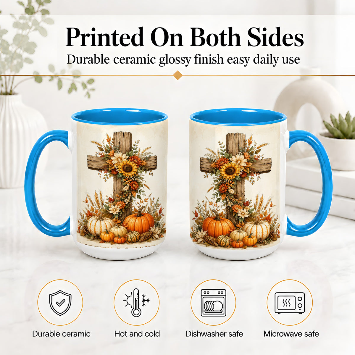 #pl[15oz|Blue] Autumn Cross Accent Mug, Mug with Sunflowers and Pumpkins Art