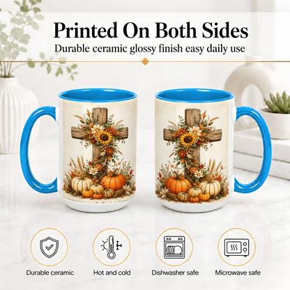 #pl[15oz|Blue] Autumn Cross Accent Mug, Mug with Sunflowers and Pumpkins Art