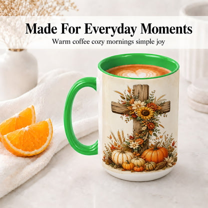 #pl[15oz|Green] Autumn Cross Accent Mug, Mug with Sunflowers and Pumpkins Art
