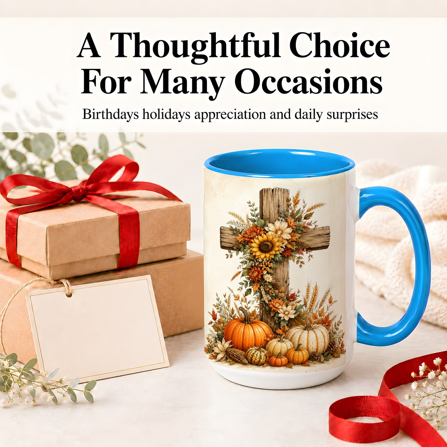 #pl[15oz|Blue] Autumn Cross Accent Mug, Mug with Sunflowers and Pumpkins Art