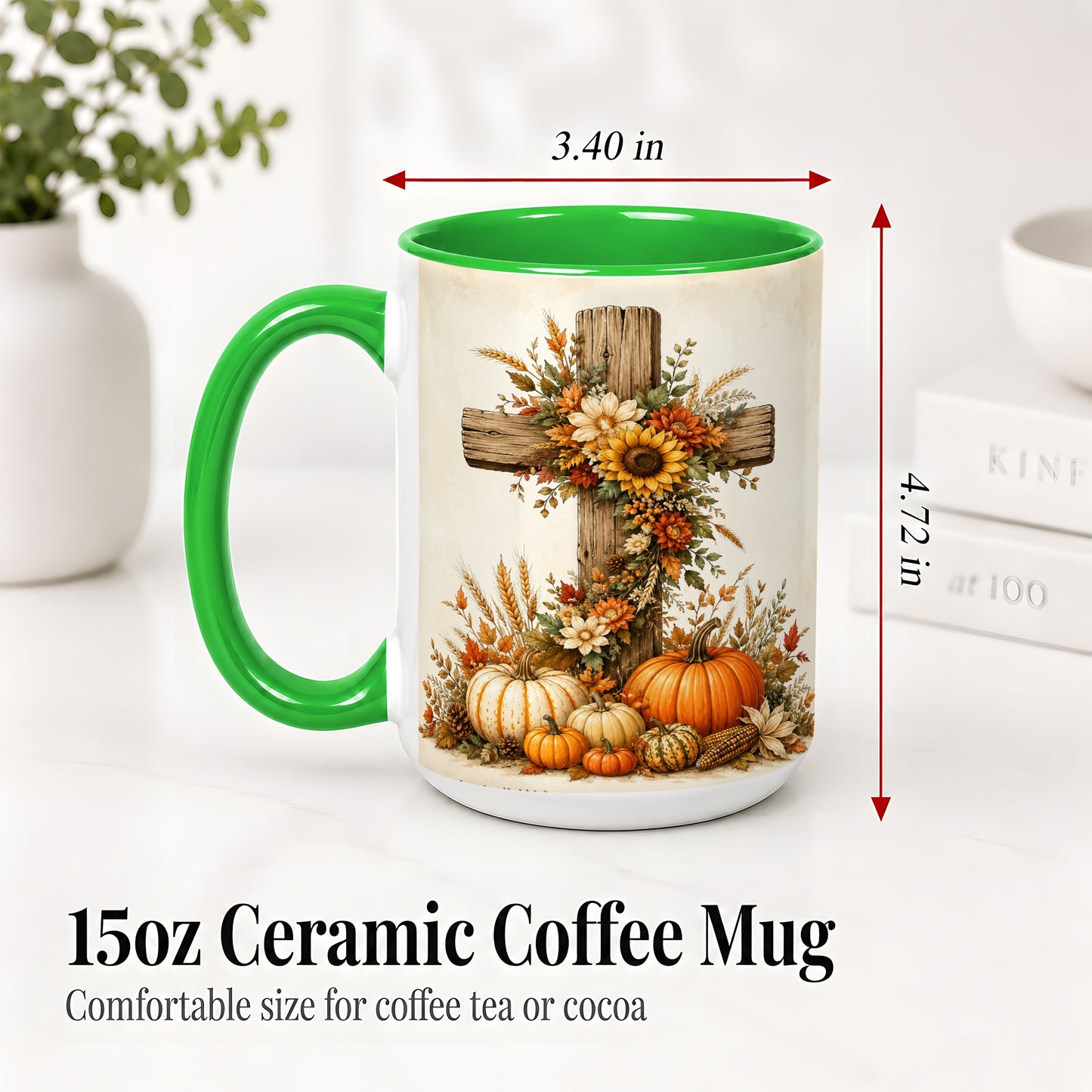 #pl[15oz|Green] Autumn Cross Accent Mug, Mug with Sunflowers and Pumpkins Art