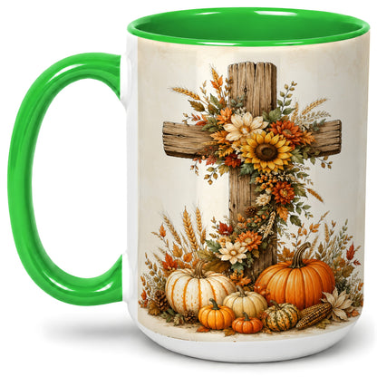 #pl[15oz|Green] Autumn Cross Accent Mug, Mug with Sunflowers and Pumpkins Art