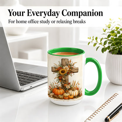 #pl[15oz|Green] Autumn Cross Accent Mug, Mug with Sunflowers and Pumpkins Art