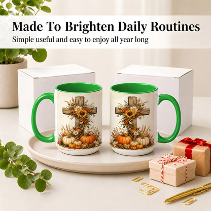 #pl[15oz|Green] Autumn Cross Accent Mug, Mug with Sunflowers and Pumpkins Art