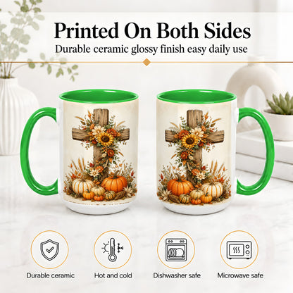 #pl[15oz|Green] Autumn Cross Accent Mug, Mug with Sunflowers and Pumpkins Art
