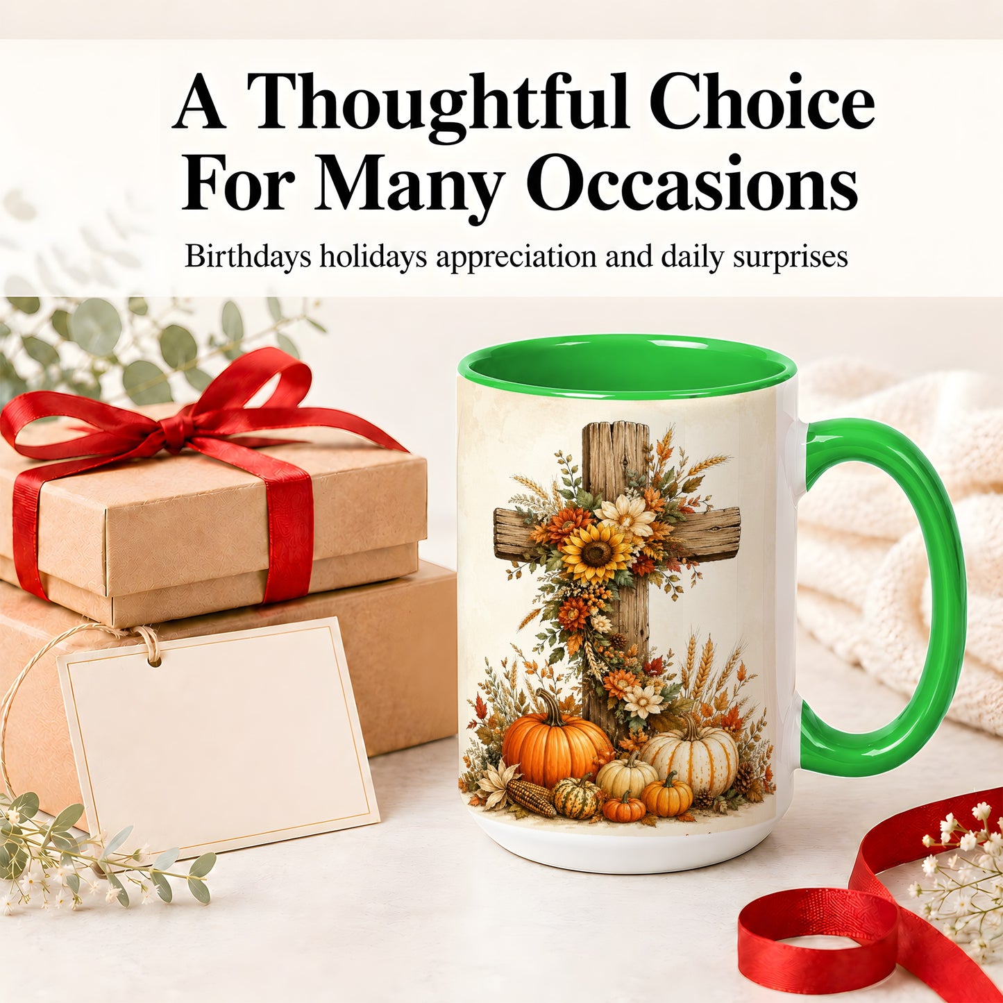 #pl[15oz|Green] Autumn Cross Accent Mug, Mug with Sunflowers and Pumpkins Art