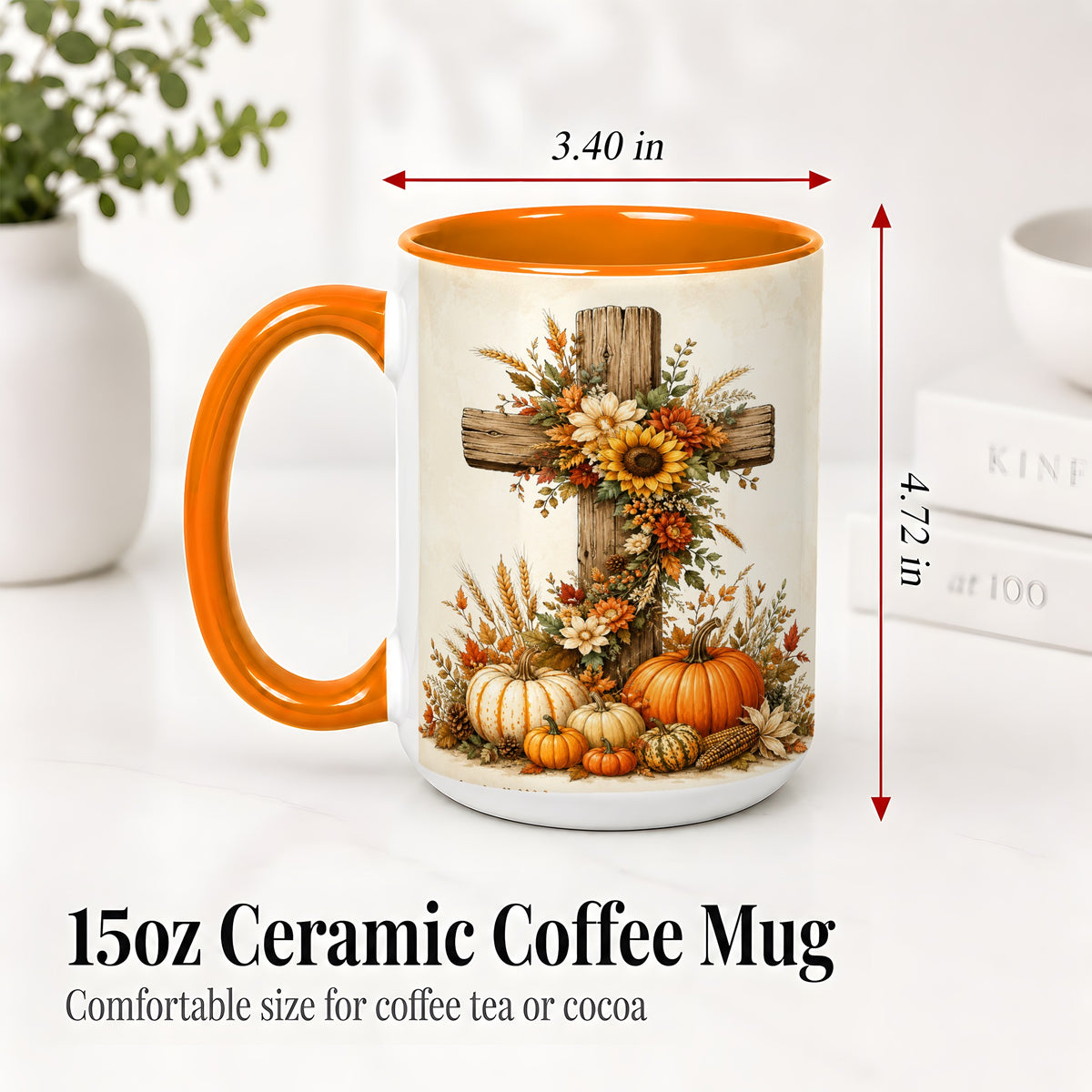 #pl[15oz|Orange] Autumn Cross Accent Mug, Mug with Sunflowers and Pumpkins Art