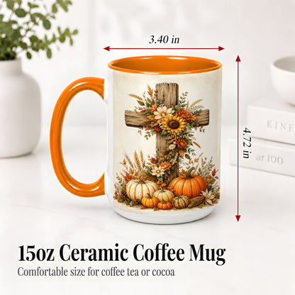 #pl[15oz|Orange] Autumn Cross Accent Mug, Mug with Sunflowers and Pumpkins Art