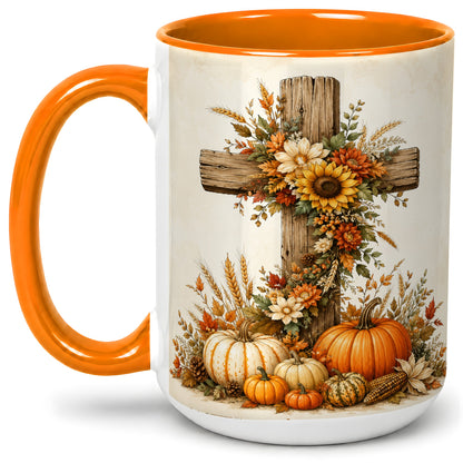 #pl[15oz|Orange] Autumn Cross Accent Mug, Mug with Sunflowers and Pumpkins Art
