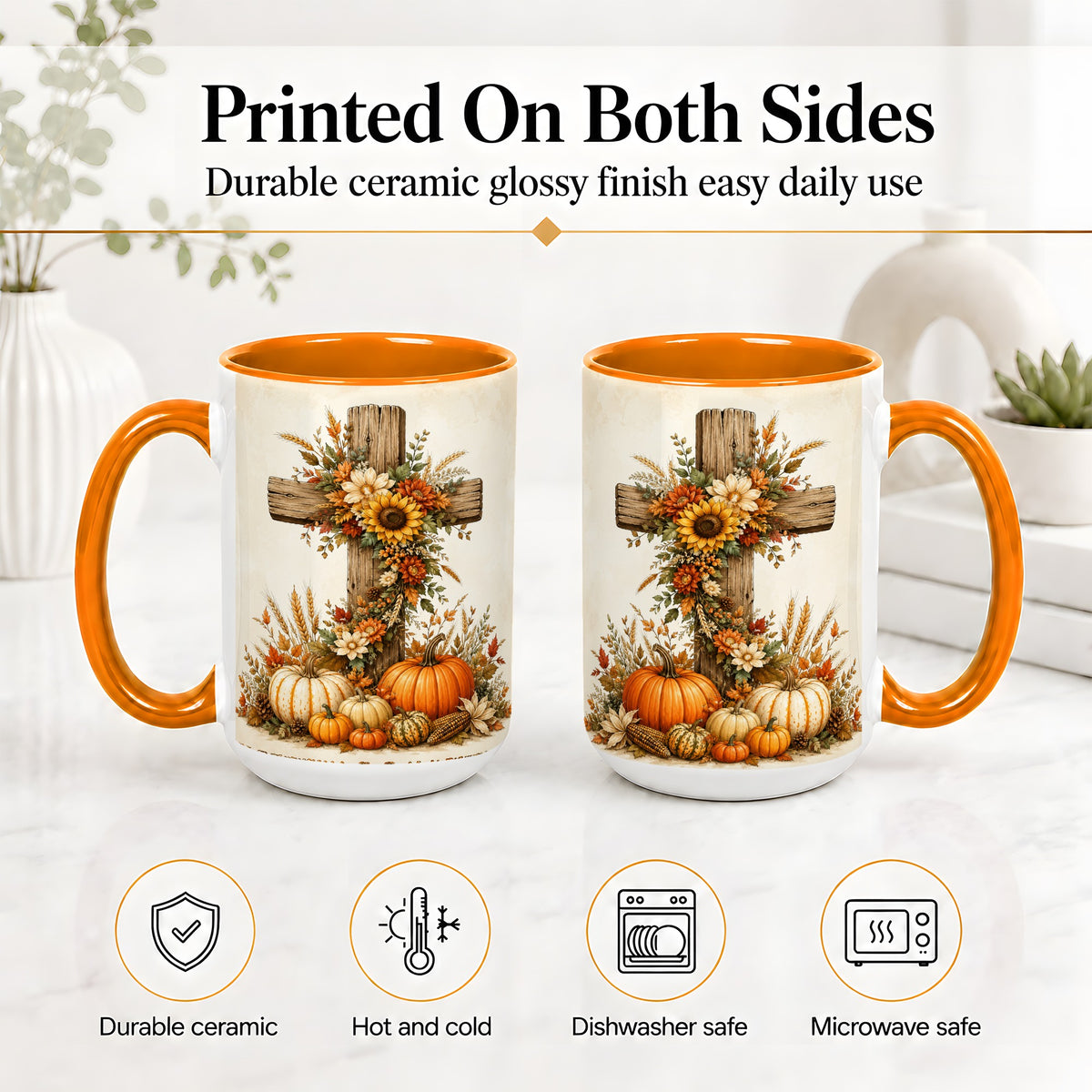 #pl[15oz|Orange] Autumn Cross Accent Mug, Mug with Sunflowers and Pumpkins Art
