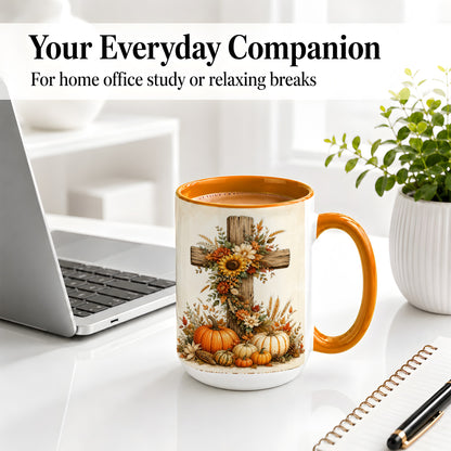 #pl[15oz|Orange] Autumn Cross Accent Mug, Mug with Sunflowers and Pumpkins Art
