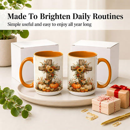 #pl[15oz|Orange] Autumn Cross Accent Mug, Mug with Sunflowers and Pumpkins Art