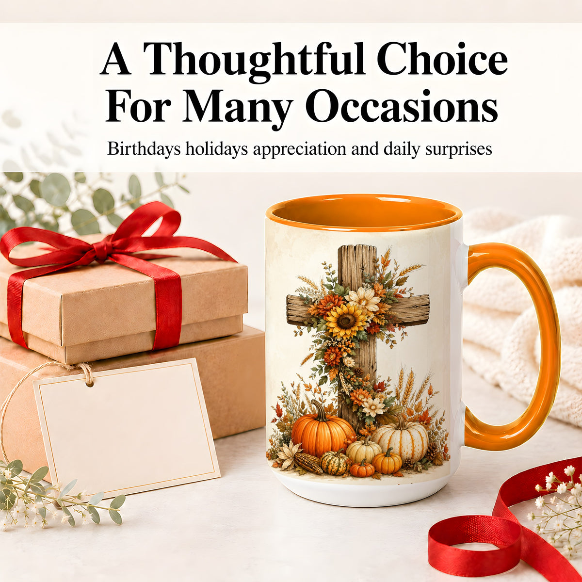 #pl[15oz|Orange] Autumn Cross Accent Mug, Mug with Sunflowers and Pumpkins Art
