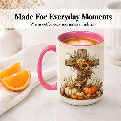 #pl[15oz|Pink] Autumn Cross Accent Mug, Mug with Sunflowers and Pumpkins Art
