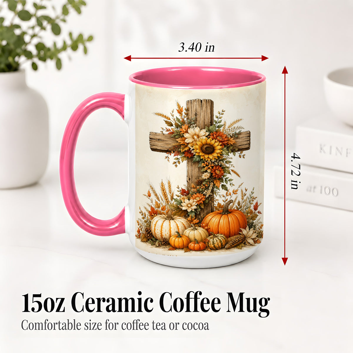 #pl[15oz|Pink] Autumn Cross Accent Mug, Mug with Sunflowers and Pumpkins Art