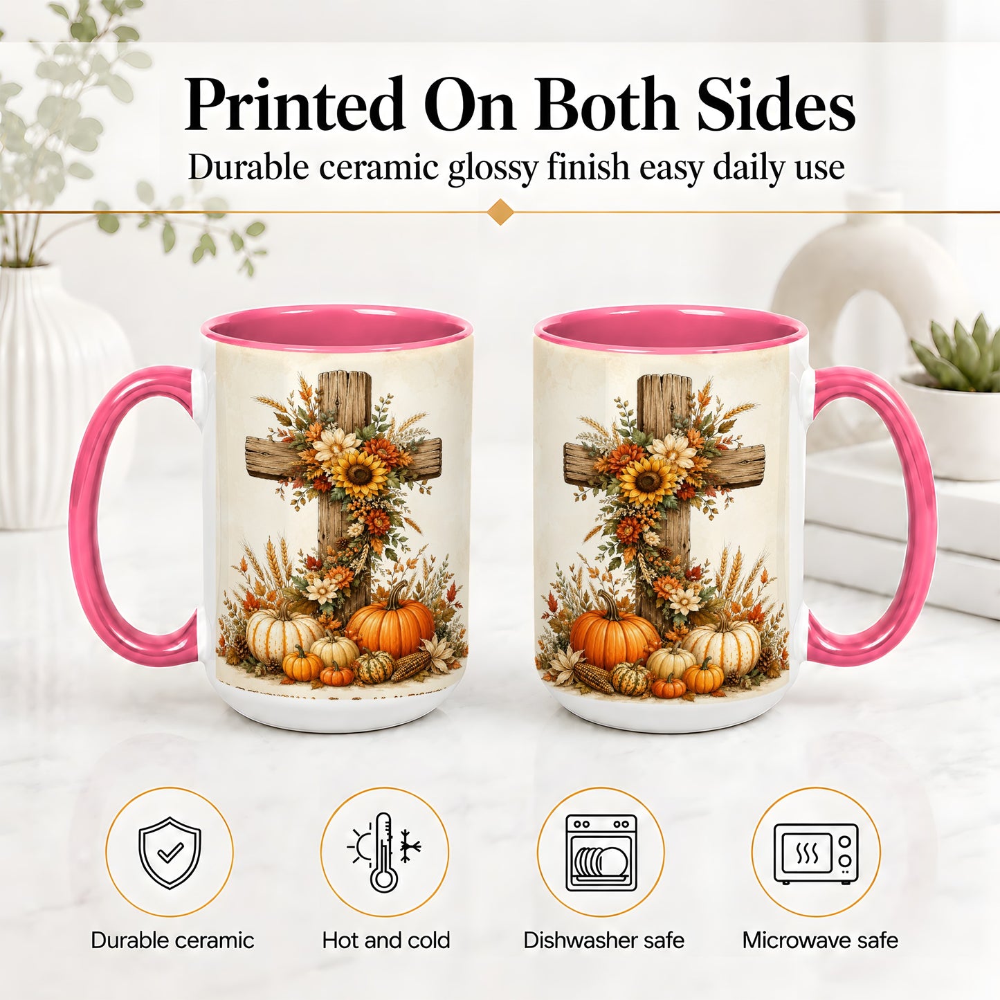 #pl[15oz|Pink] Autumn Cross Accent Mug, Mug with Sunflowers and Pumpkins Art