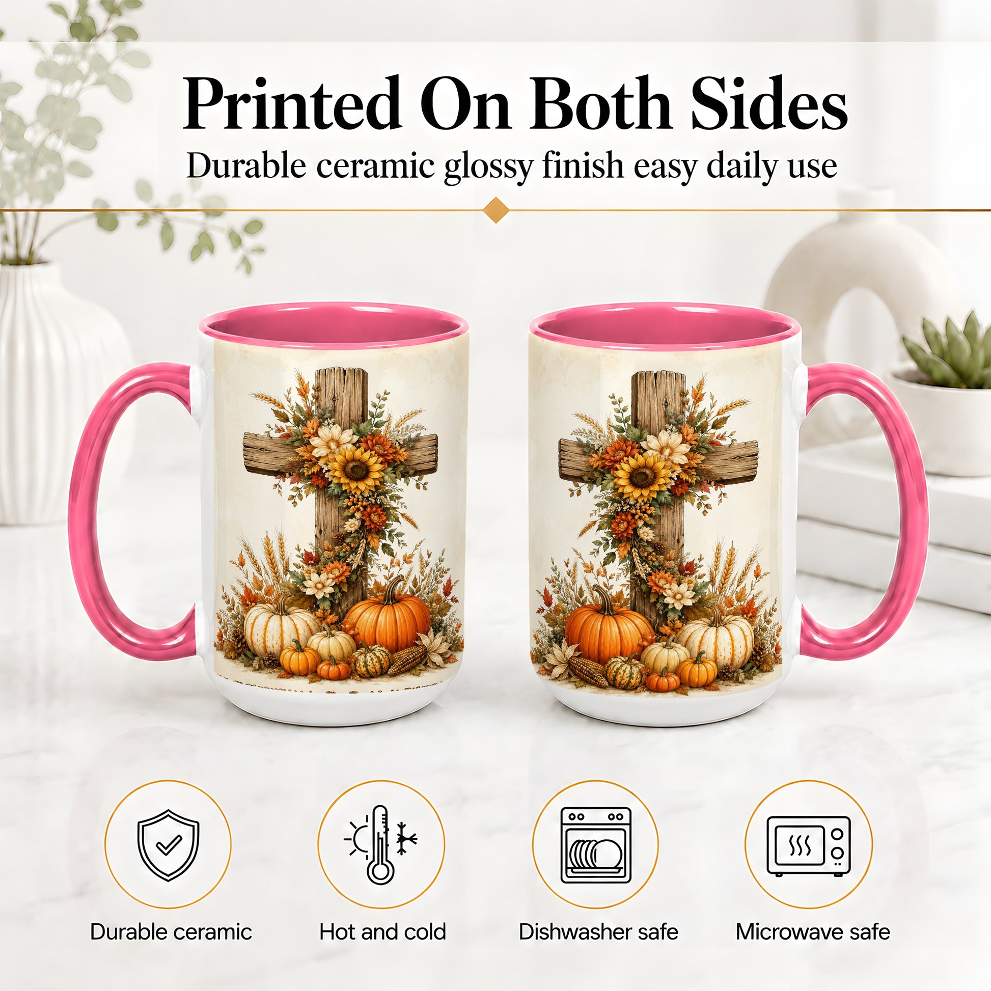 #pl[15oz|Pink] Autumn Cross Accent Mug, Mug with Sunflowers and Pumpkins Art