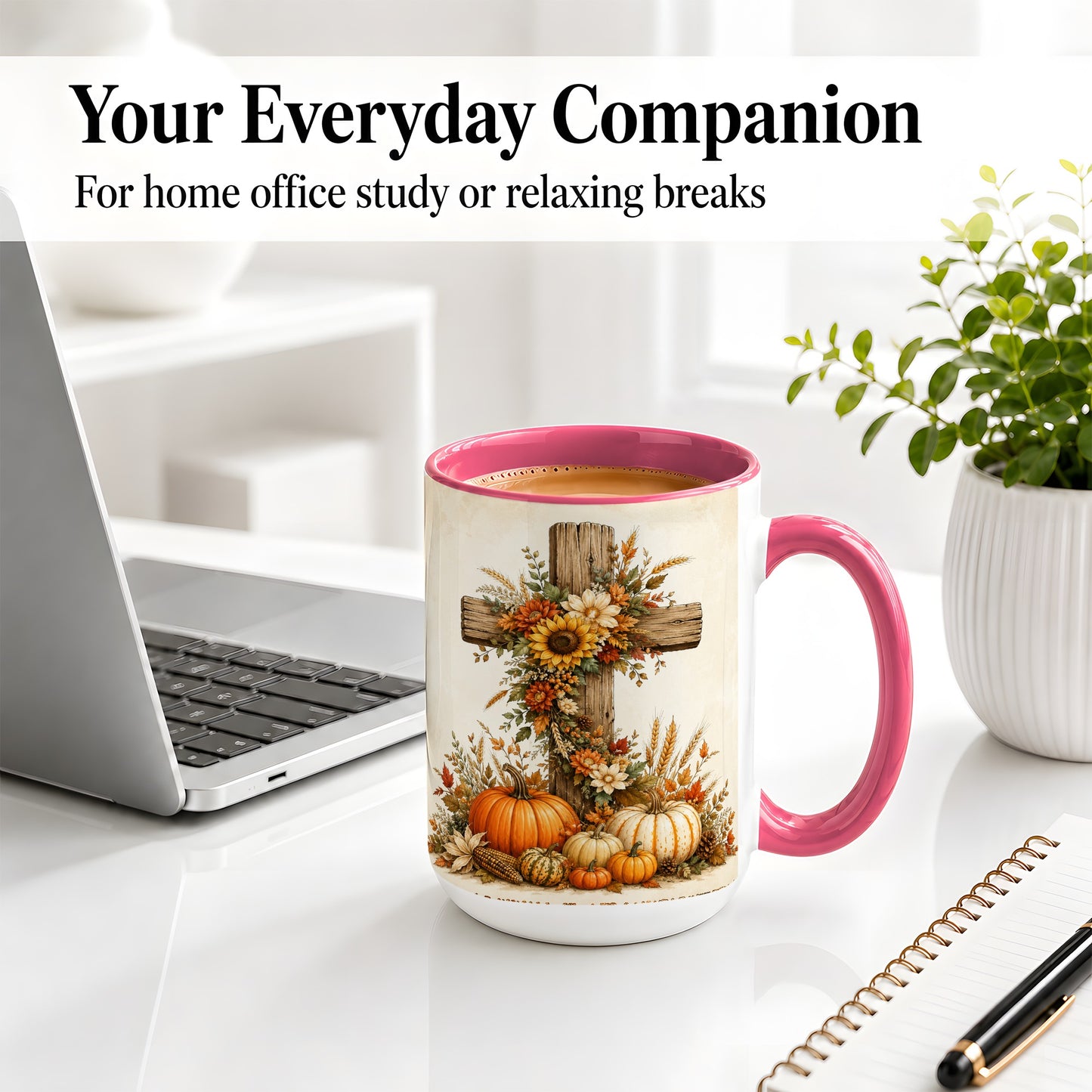 #pl[15oz|Pink] Autumn Cross Accent Mug, Mug with Sunflowers and Pumpkins Art