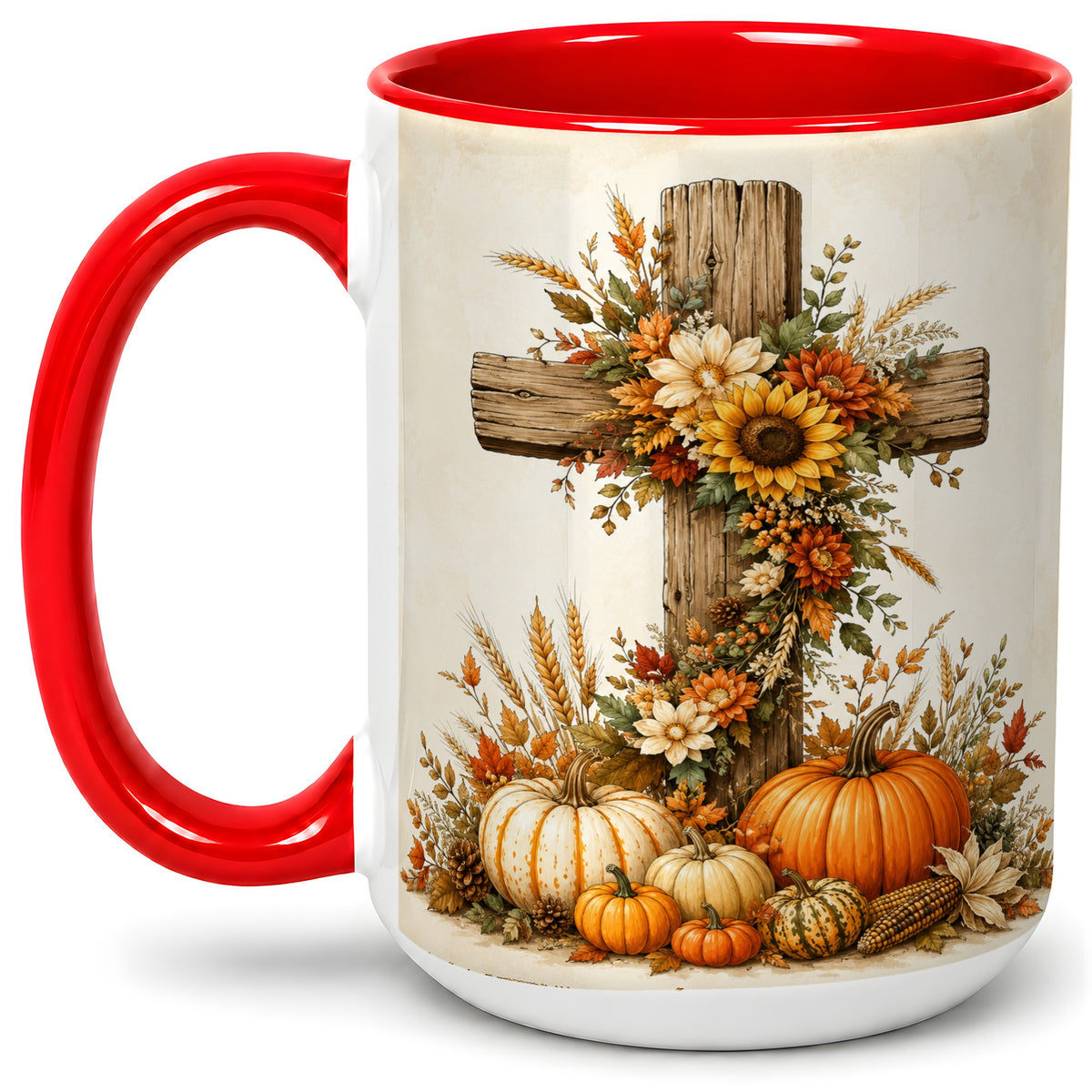 #pl[15oz|Red] Autumn Cross Accent Mug, Mug with Sunflowers and Pumpkins Art