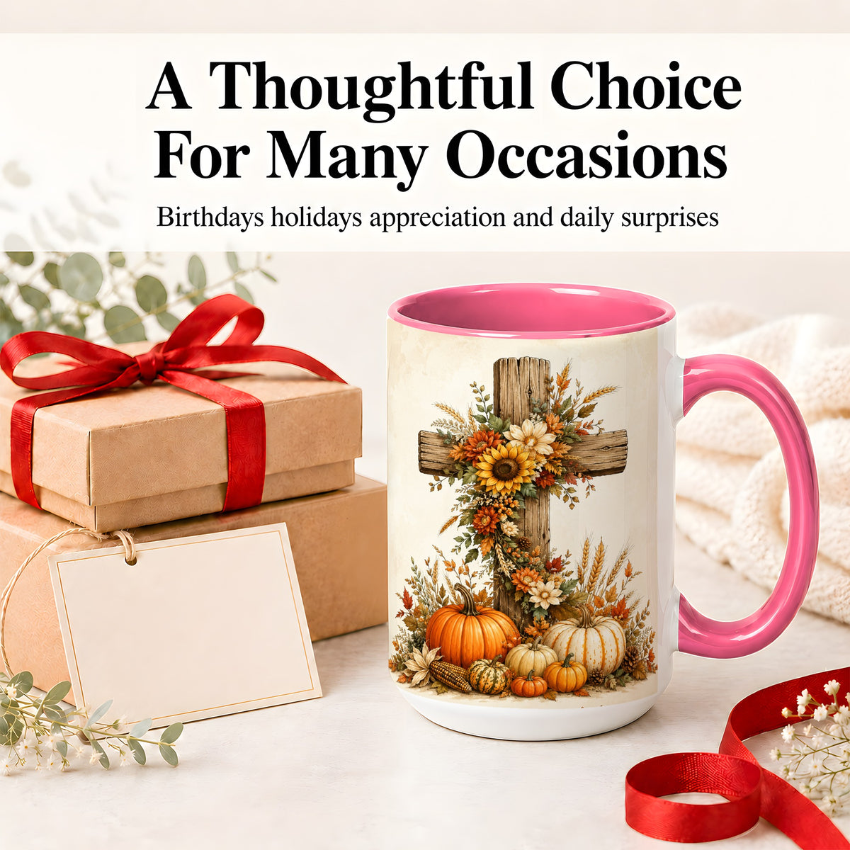 #pl[15oz|Pink] Autumn Cross Accent Mug, Mug with Sunflowers and Pumpkins Art