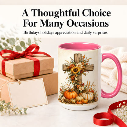 #pl[15oz|Pink] Autumn Cross Accent Mug, Mug with Sunflowers and Pumpkins Art