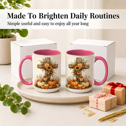 #pl[15oz|Pink] Autumn Cross Accent Mug, Mug with Sunflowers and Pumpkins Art