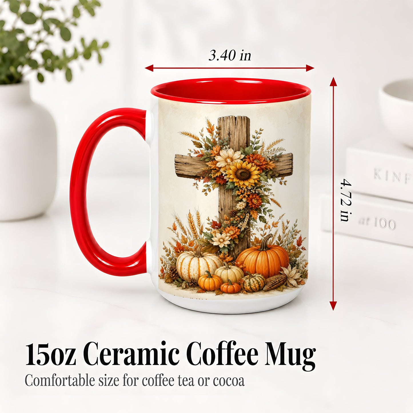 #pl[15oz|Red] Autumn Cross Accent Mug, Mug with Sunflowers and Pumpkins Art