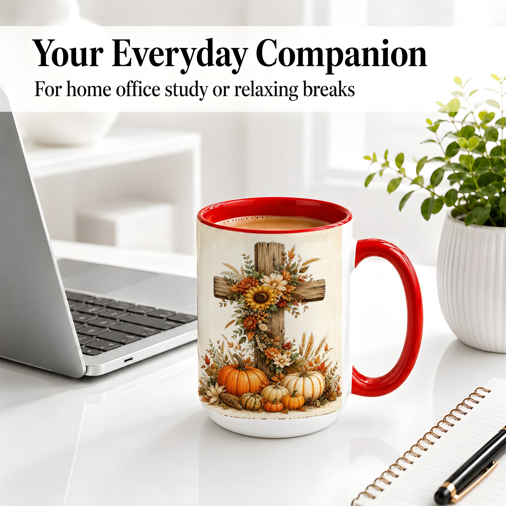 #pl[15oz|Red] Autumn Cross Accent Mug, Mug with Sunflowers and Pumpkins Art