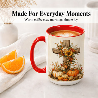 #pl[15oz|Red] Autumn Cross Accent Mug, Mug with Sunflowers and Pumpkins Art