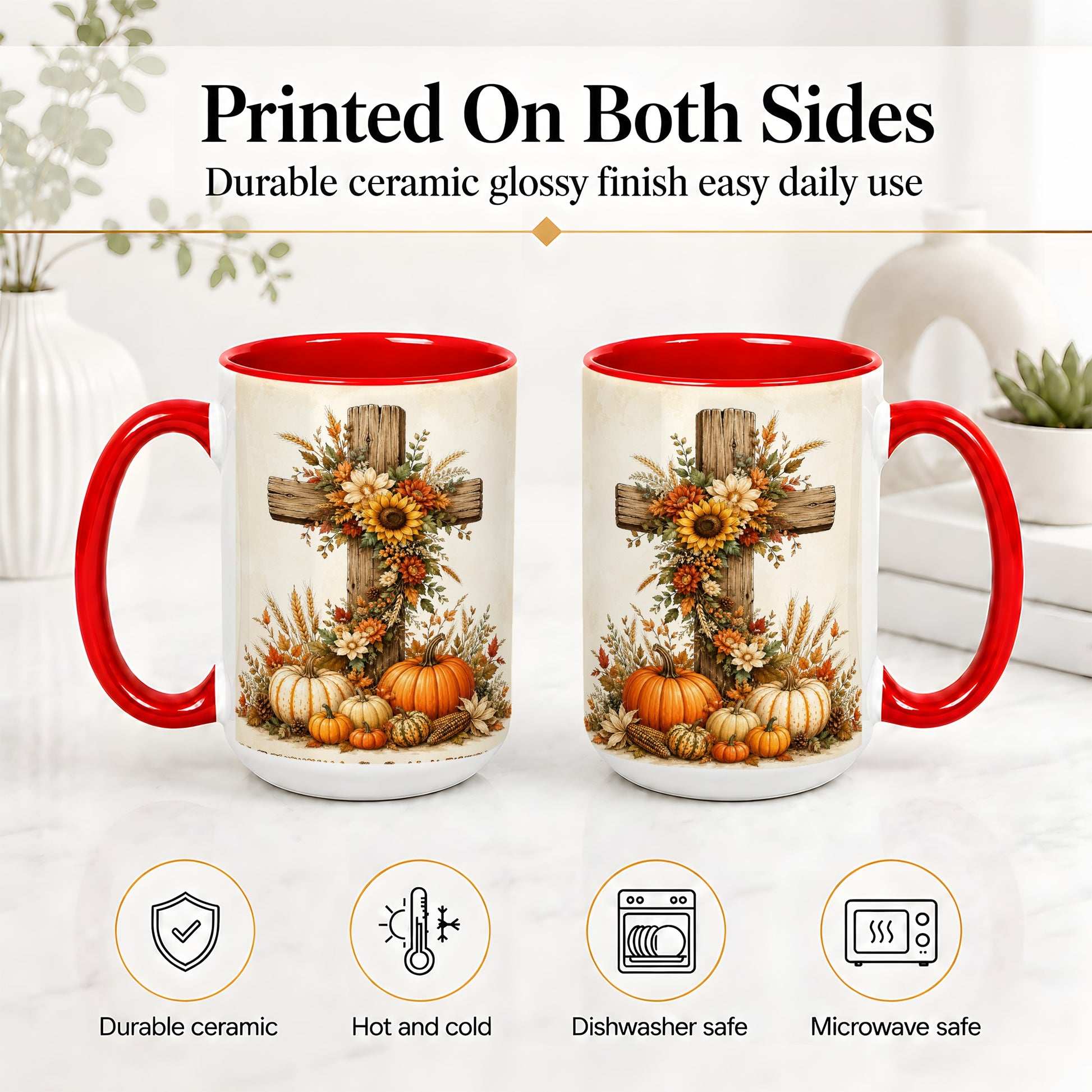 #pl[15oz|Red] Autumn Cross Accent Mug, Mug with Sunflowers and Pumpkins Art