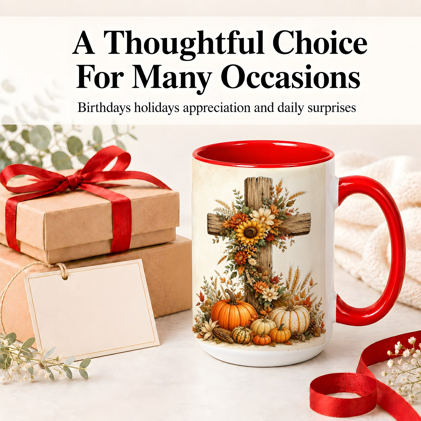 #pl[15oz|Red] Autumn Cross Accent Mug, Mug with Sunflowers and Pumpkins Art