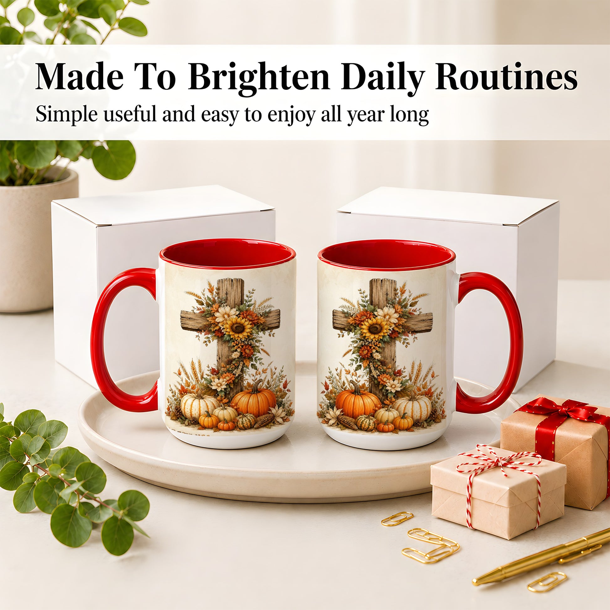 #pl[15oz|Red] Autumn Cross Accent Mug, Mug with Sunflowers and Pumpkins Art